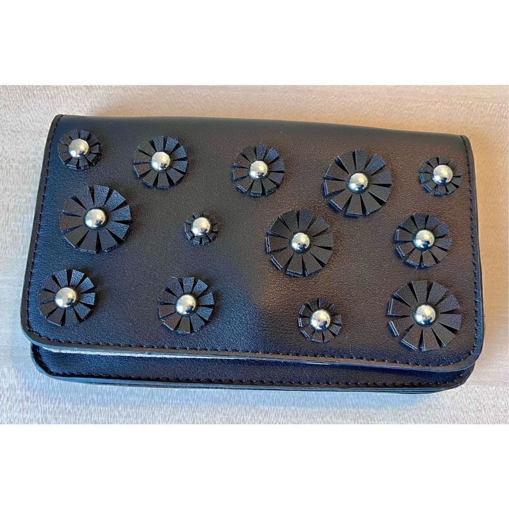 Catherine Malandrino Juliet Crossbody Purse Black Faux Leather Flowers Studs